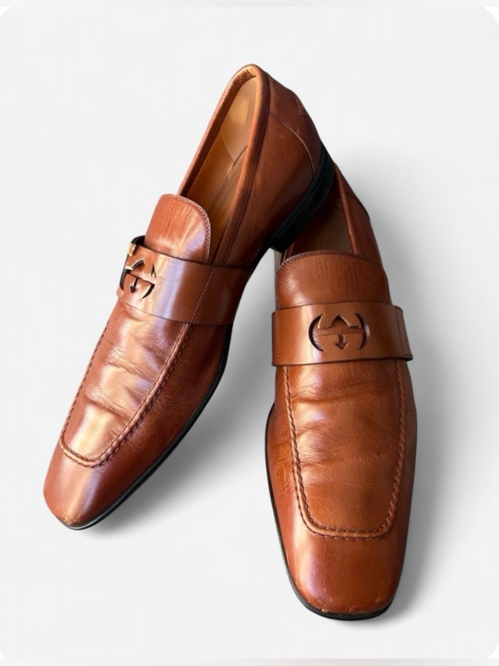 Gucci Mila Wimbledon Loafers Brown Leather Shoes Sz 9.5 Italy Logo FLAWED!